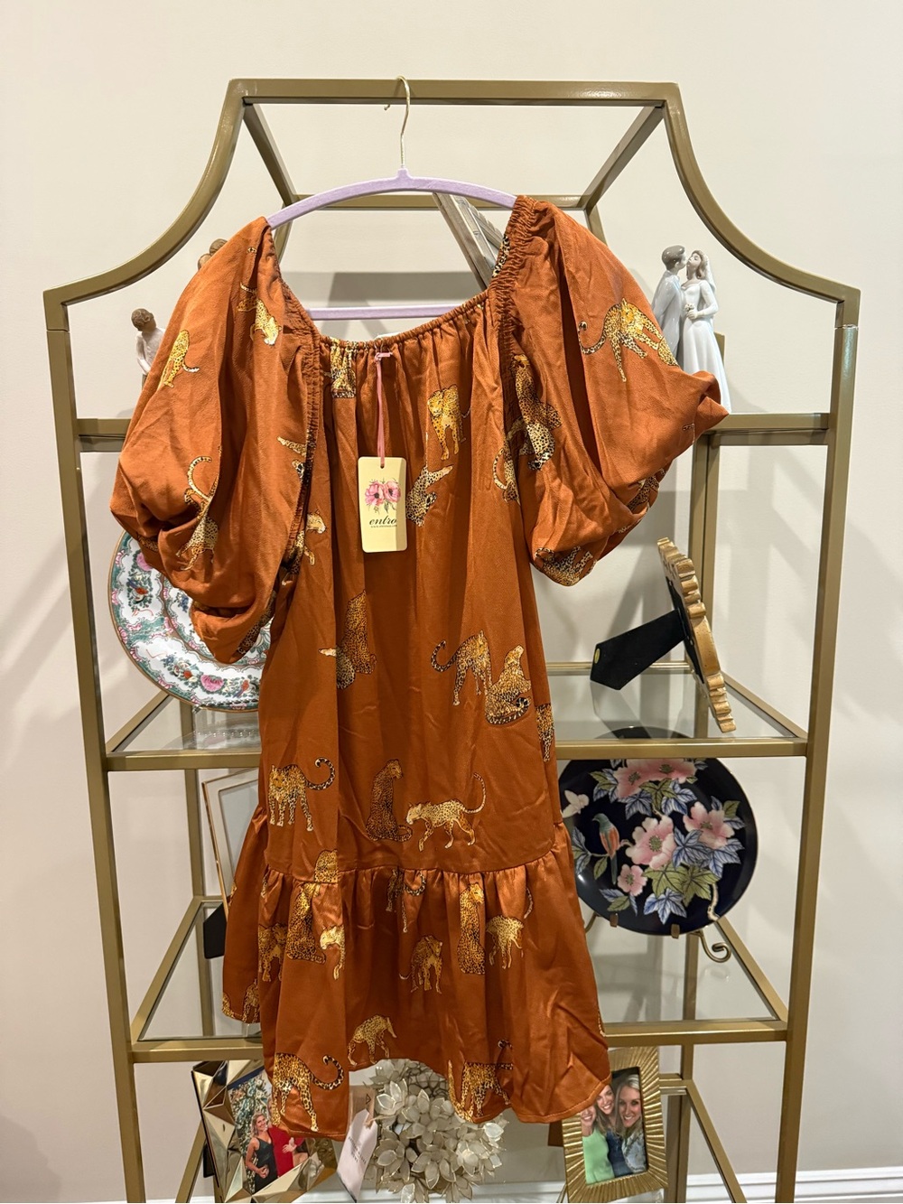entro Rust Orange Leopard-Print Puff Sleeve Dress